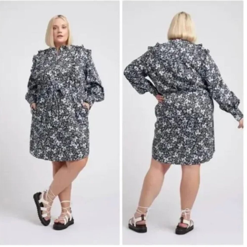 Erdem x Universal Standard Primrose Shirt Dress Floral Long Sleeve Blue 14 / 16